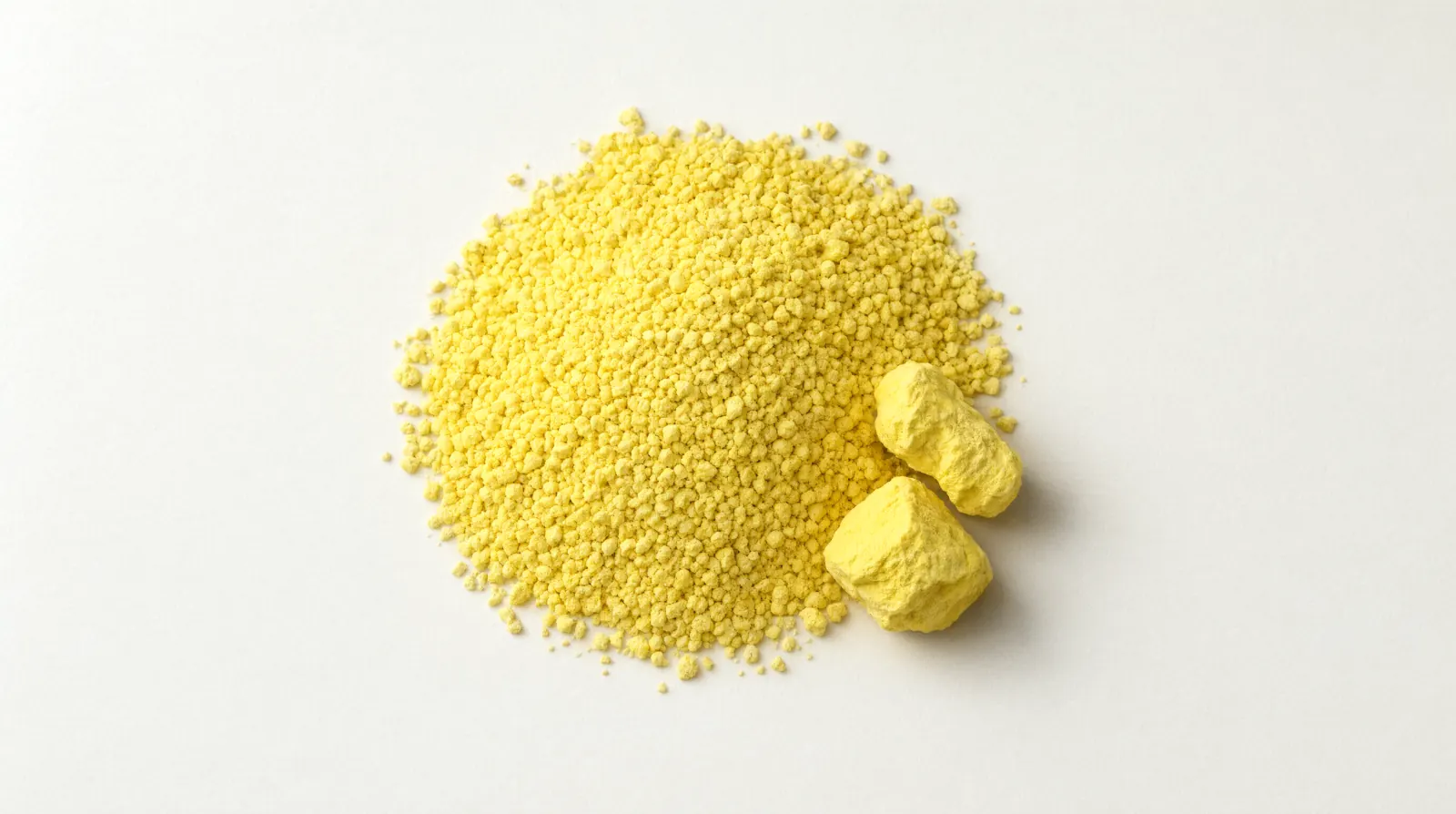 Granular sulphur and crushed lump sulphur, bright yellow, on a pale surface